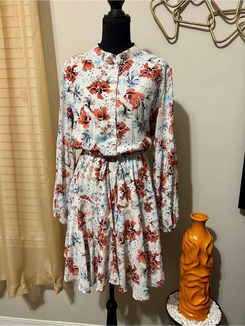 Long-Sleeve Floral Button-Front Dress in White and Rust